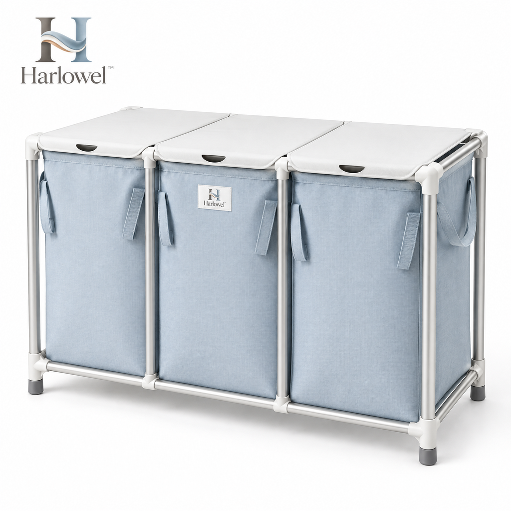 Harlowel™ SortEase 3-Section Laundry Hamper – Triple Compartment Clothes Sorter for Lights, Darks & Everyday Laundry
