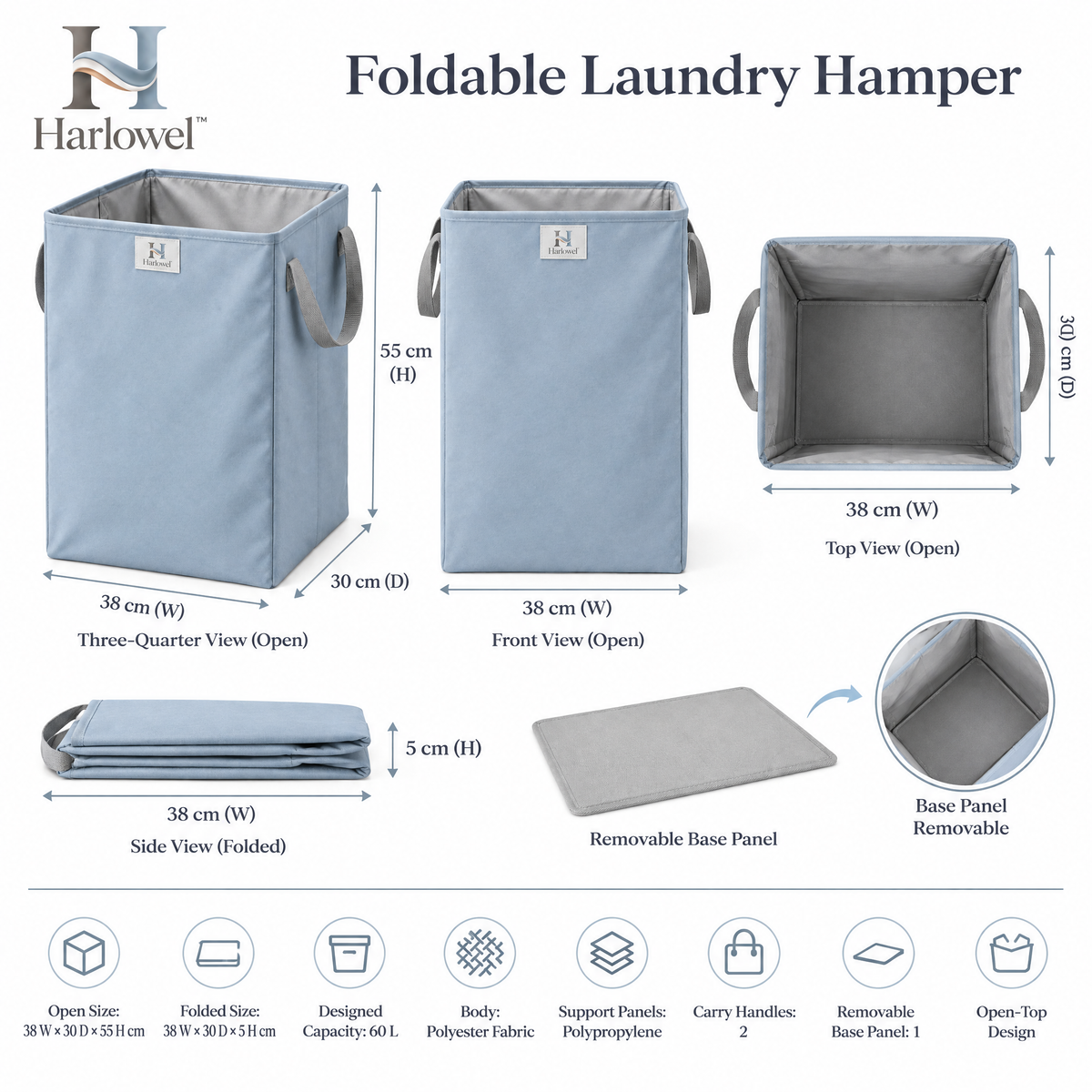 Harlowel™ FoldNest Collapsible Laundry Hamper – Space-Saving Clothes Basket with Carry Handles for Bedroom, Bathroom & Laundry Room