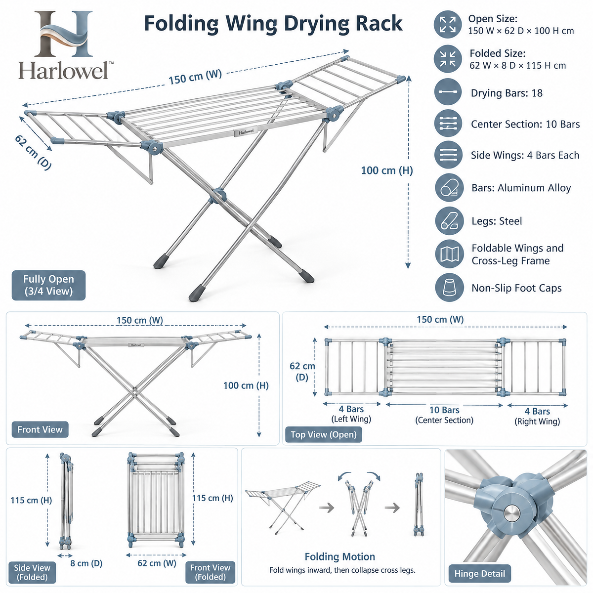 Harlowel™ AirSpan Folding Drying Rack – Expandable Indoor Clothes Airer for Garments, Towels & Everyday Laundry