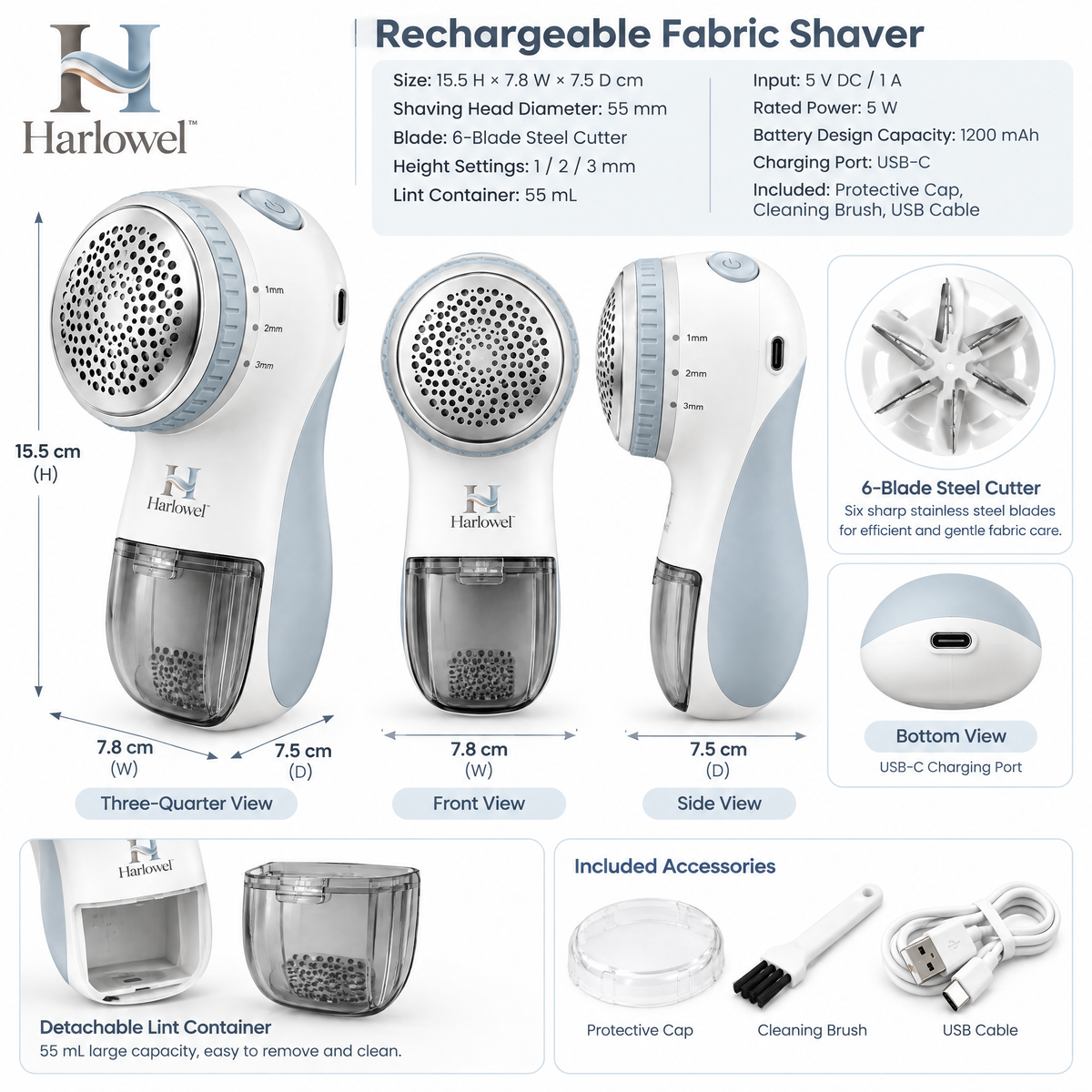 Harlowel™ FabricRevive Fabric Shaver – Rechargeable Lint & Pilling Remover for Sweaters, Clothing, Blankets & Upholstery