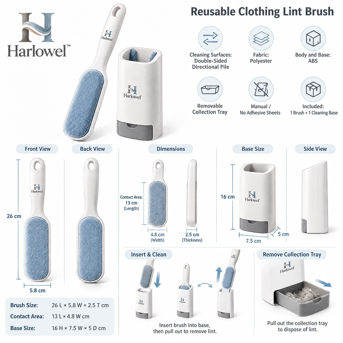 Harlowel™ FiberSweep Garment Lint Brush – Reusable Clothes & Fabric Hair Remover for Coats, Pants, Upholstery & Everyday Care