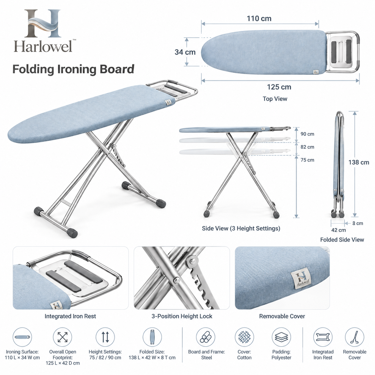 Harlowel™ PressFold Folding Ironing Board – Space-Saving Garment Pressing Station with Adjustable Height for Home & Laundry Room
