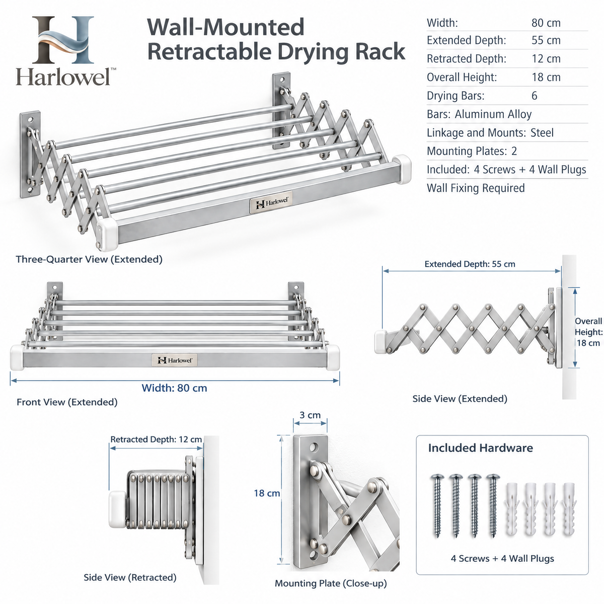 Harlowel™ ExtendAir Wall-Mounted Retractable Drying Rack – Space-Saving Expandable Clothes Airer for Laundry Rooms, Bathrooms & Balconies