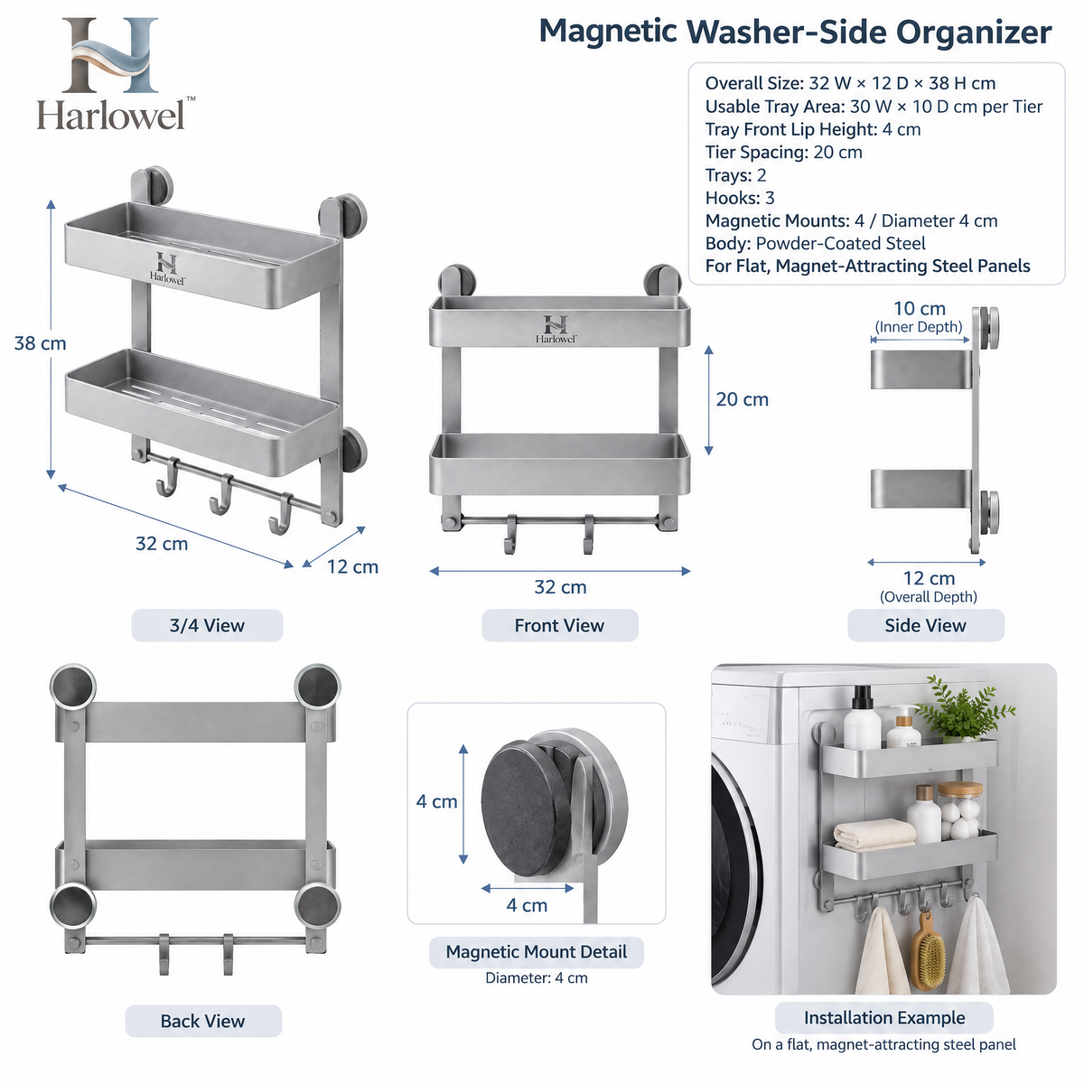 Harlowel™ SideSlide Slim Laundry Storage Rack – Narrow Rolling Organizer for Washer-Side Supplies, Detergent & Cleaning Essentials
