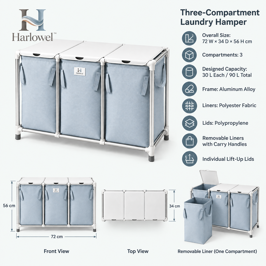 Harlowel™ SortEase 3-Section Laundry Hamper – Triple Compartment Clothes Sorter for Lights, Darks & Everyday Laundry