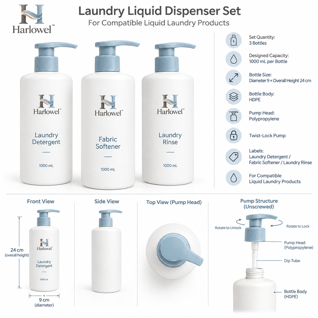 Harlowel™ PourKeep Laundry Dispenser Bottles – Refillable Storage Containers for Detergent, Fabric Softener & Laundry Essentials