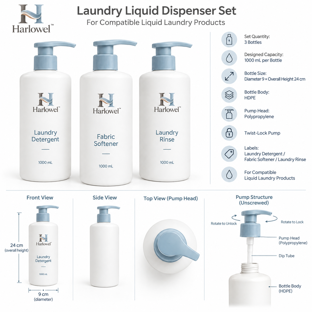 Harlowel™ PourKeep Laundry Dispenser Bottles – Refillable Storage Containers for Detergent, Fabric Softener & Laundry Essentials