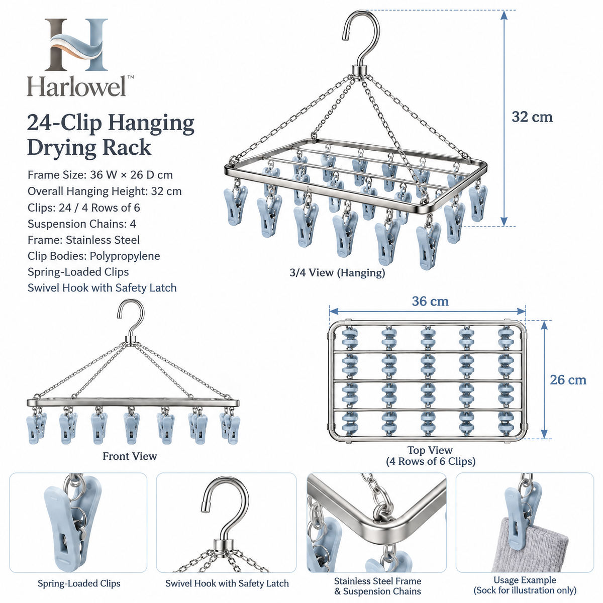 Harlowel™ ClipBloom Sock Drying Hanger – Multi-Clip Hanging Laundry Rack for Socks, Underwear & Small Garments