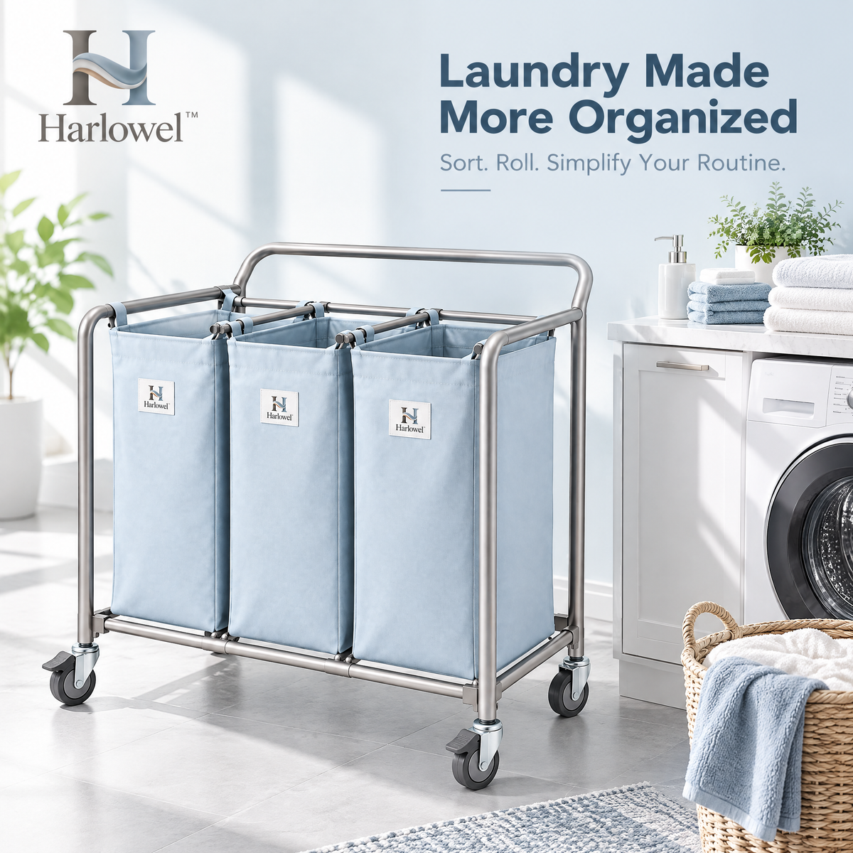 Harlowel™ RollSort Mobile Laundry Sorter – Multi-Bag Rolling Hamper Cart for Clothes, Towels & Household Laundry