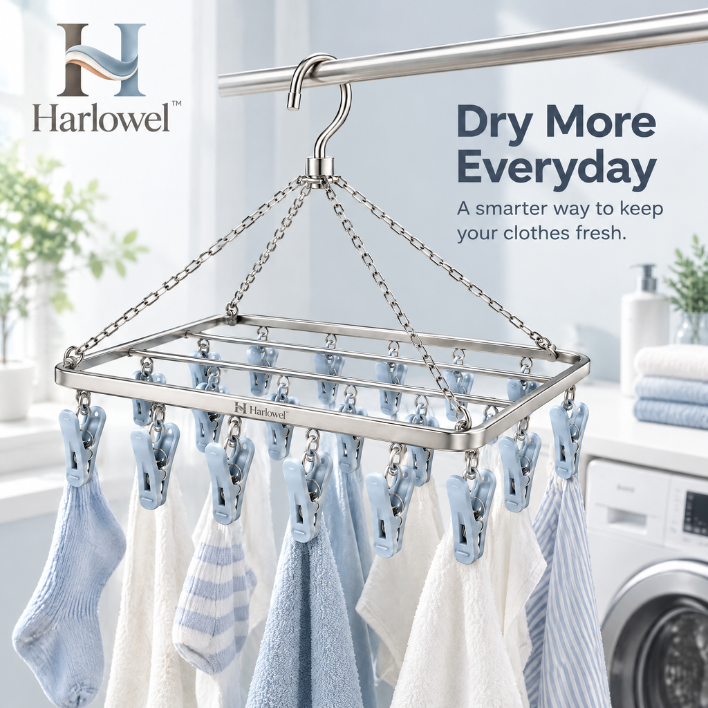 Harlowel™ ClipBloom Sock Drying Hanger – Multi-Clip Hanging Laundry Rack for Socks, Underwear & Small Garments