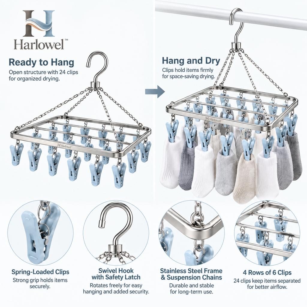 Harlowel™ ClipBloom Sock Drying Hanger – Multi-Clip Hanging Laundry Rack for Socks, Underwear & Small Garments