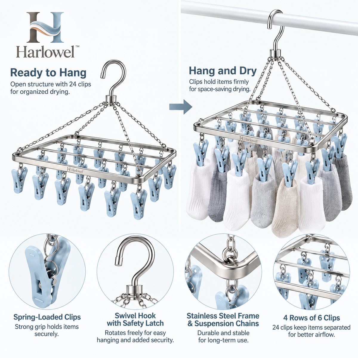 Harlowel™ ClipBloom Sock Drying Hanger – Multi-Clip Hanging Laundry Rack for Socks, Underwear & Small Garments