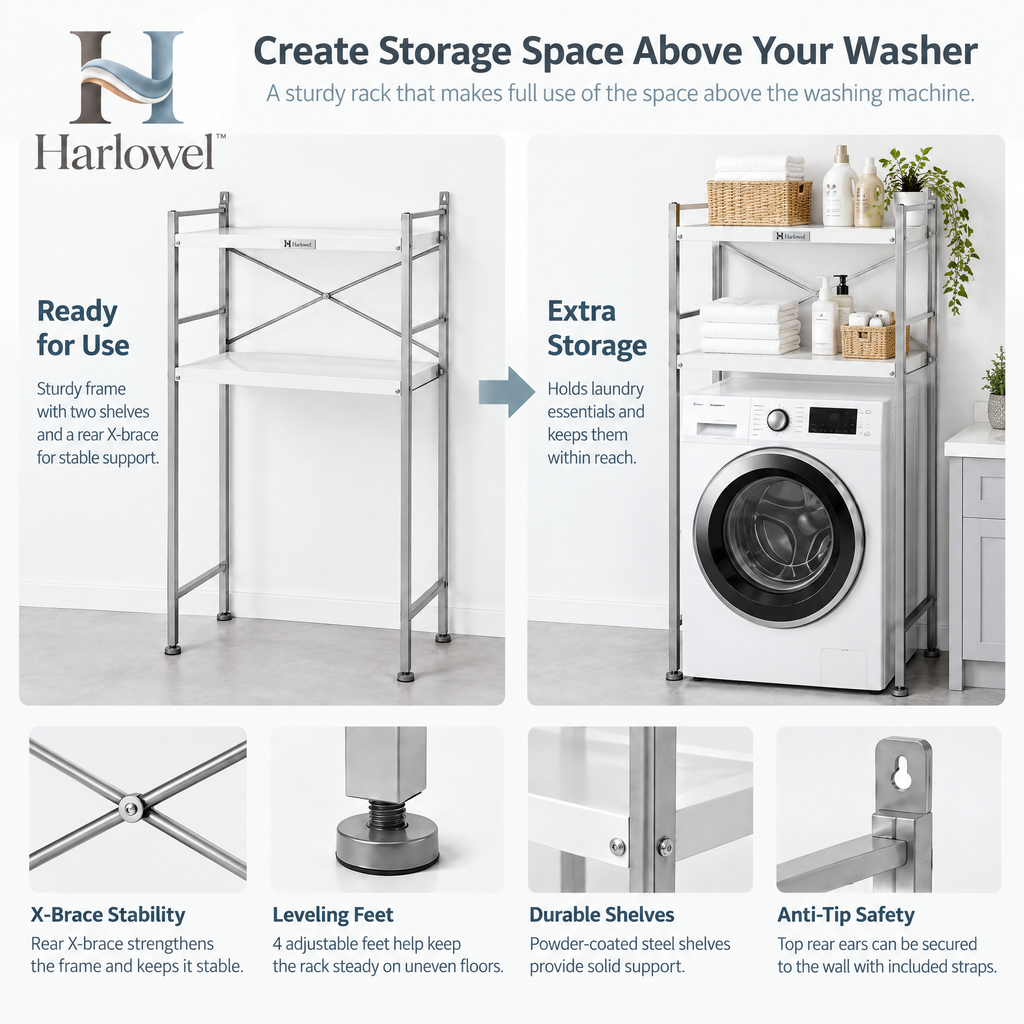 Harlowel™ AboveWash Over-the-Washer Storage Rack – Multi-Tier Laundry Organizer for Detergent, Towels & Utility Supplies