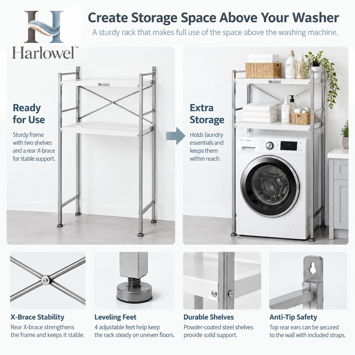 Harlowel™ AboveWash Over-the-Washer Storage Rack – Multi-Tier Laundry Organizer for Detergent, Towels & Utility Supplies