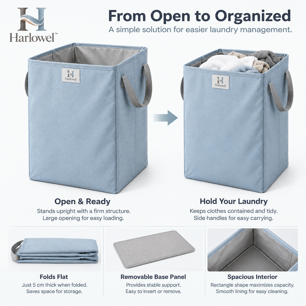 Harlowel™ FoldNest Collapsible Laundry Hamper – Space-Saving Clothes Basket with Carry Handles for Bedroom, Bathroom & Laundry Room