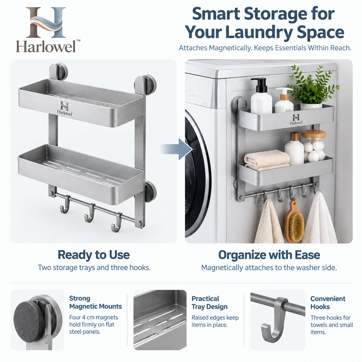 Harlowel™ SideSlide Slim Laundry Storage Rack – Narrow Rolling Organizer for Washer-Side Supplies, Detergent & Cleaning Essentials