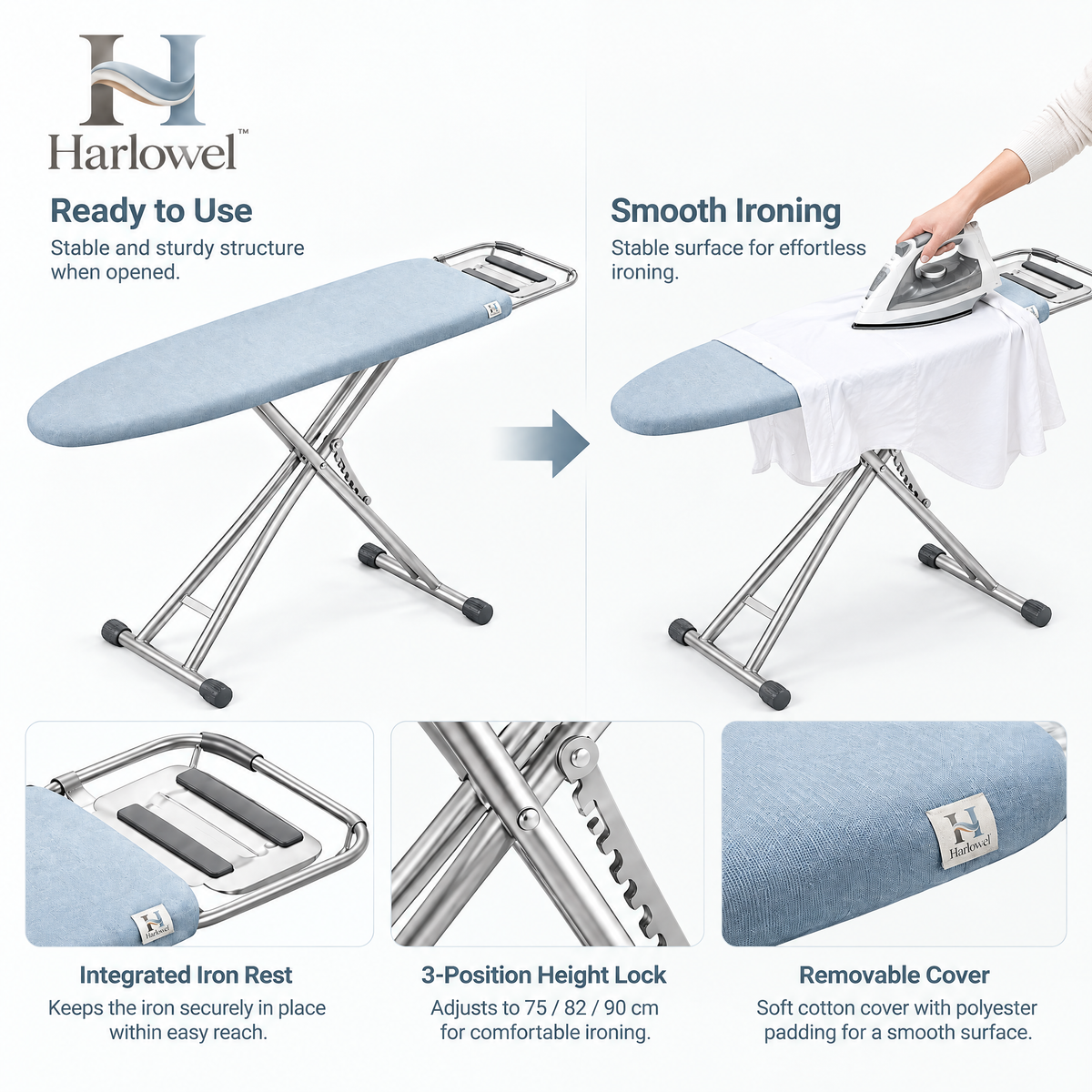Harlowel™ PressFold Folding Ironing Board – Space-Saving Garment Pressing Station with Adjustable Height for Home & Laundry Room