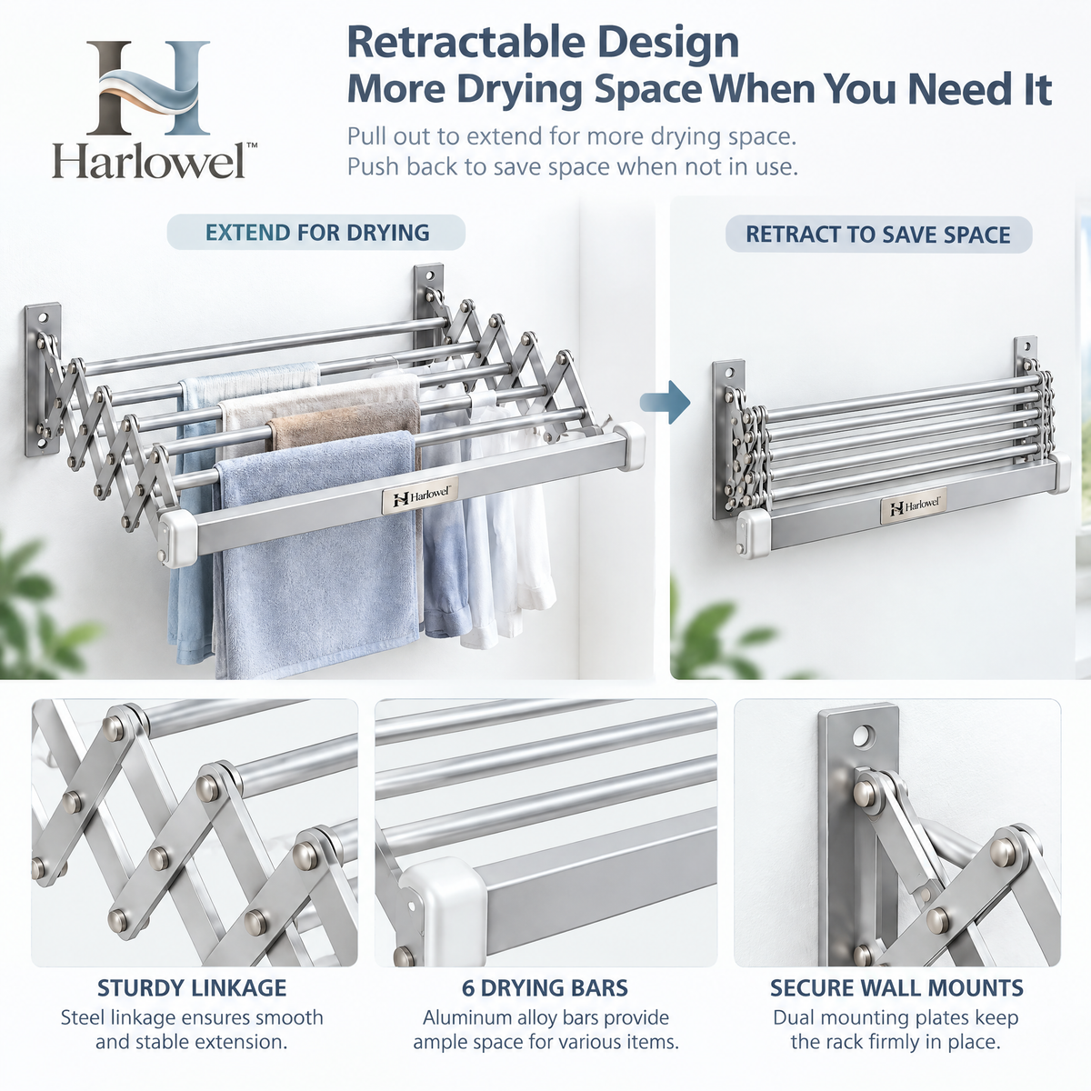 Harlowel™ ExtendAir Wall-Mounted Retractable Drying Rack – Space-Saving Expandable Clothes Airer for Laundry Rooms, Bathrooms & Balconies