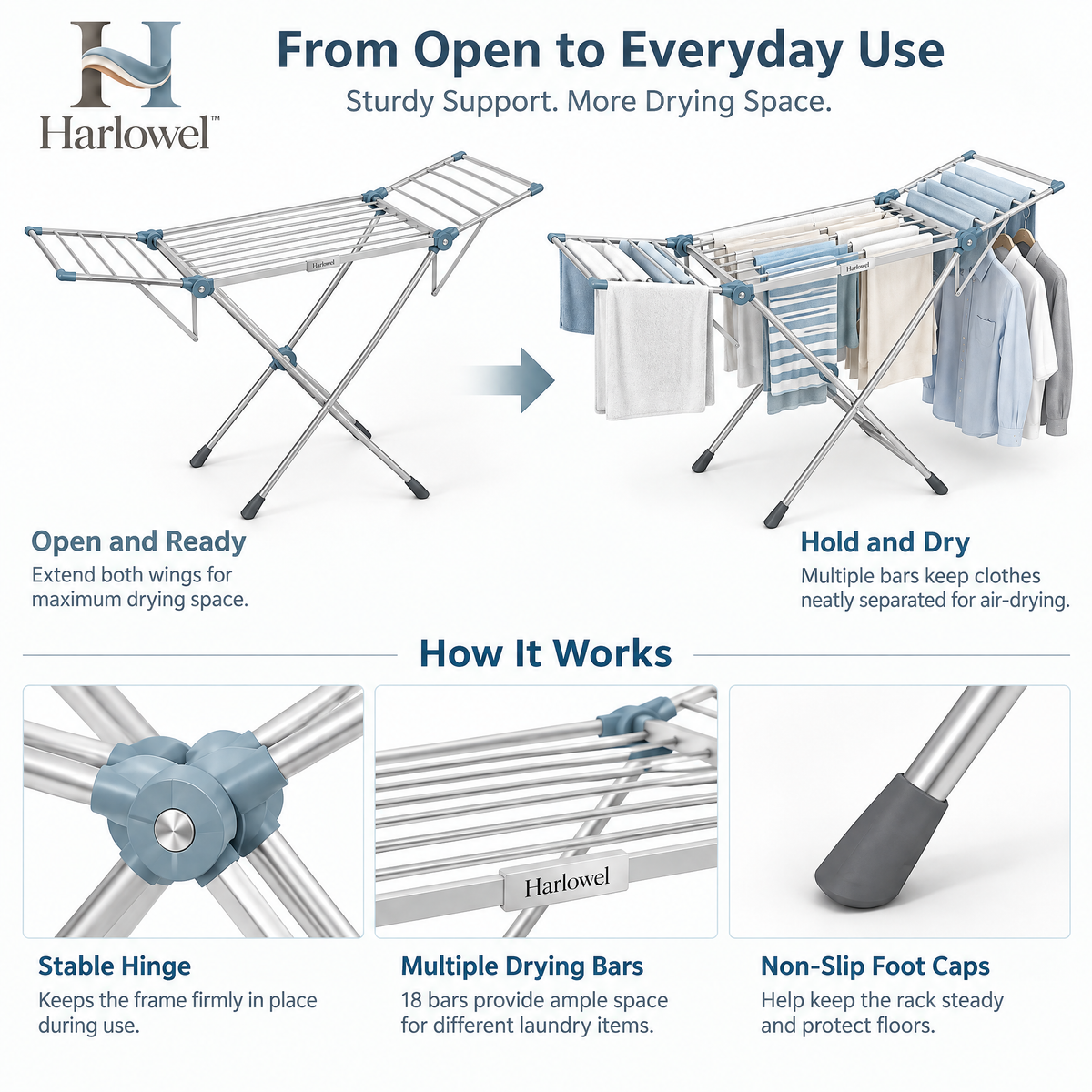Harlowel™ AirSpan Folding Drying Rack – Expandable Indoor Clothes Airer for Garments, Towels & Everyday Laundry