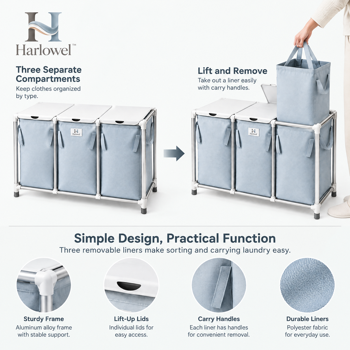 Harlowel™ SortEase 3-Section Laundry Hamper – Triple Compartment Clothes Sorter for Lights, Darks & Everyday Laundry