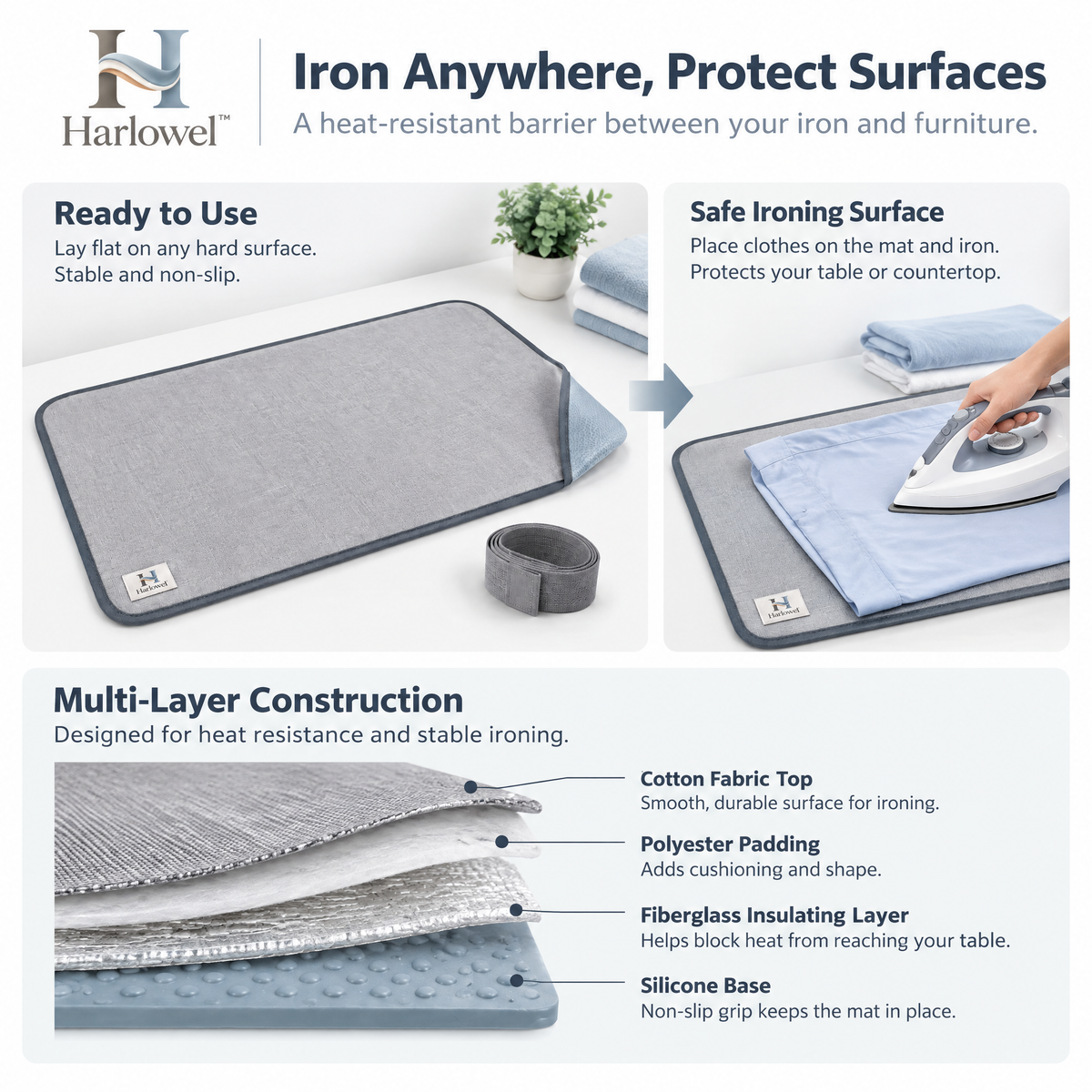 Harlowel™ HeatNest Insulated Ironing Mat – Foldable Heat-Resistant Pressing Pad for Countertops, Tables & Compact Laundry Spaces