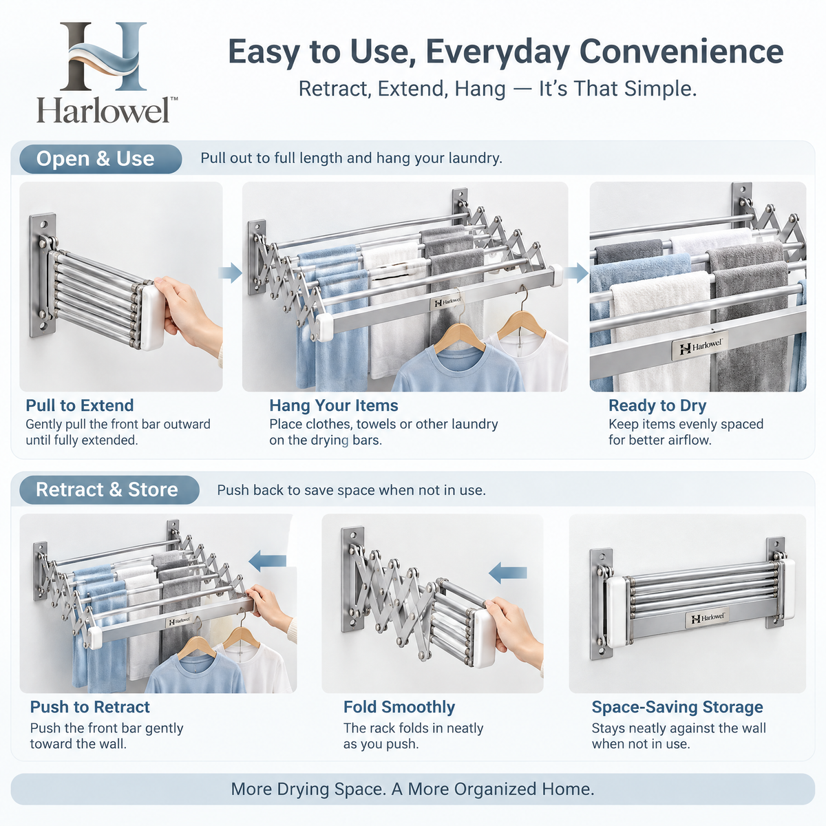 Harlowel™ ExtendAir Wall-Mounted Retractable Drying Rack – Space-Saving Expandable Clothes Airer for Laundry Rooms, Bathrooms & Balconies