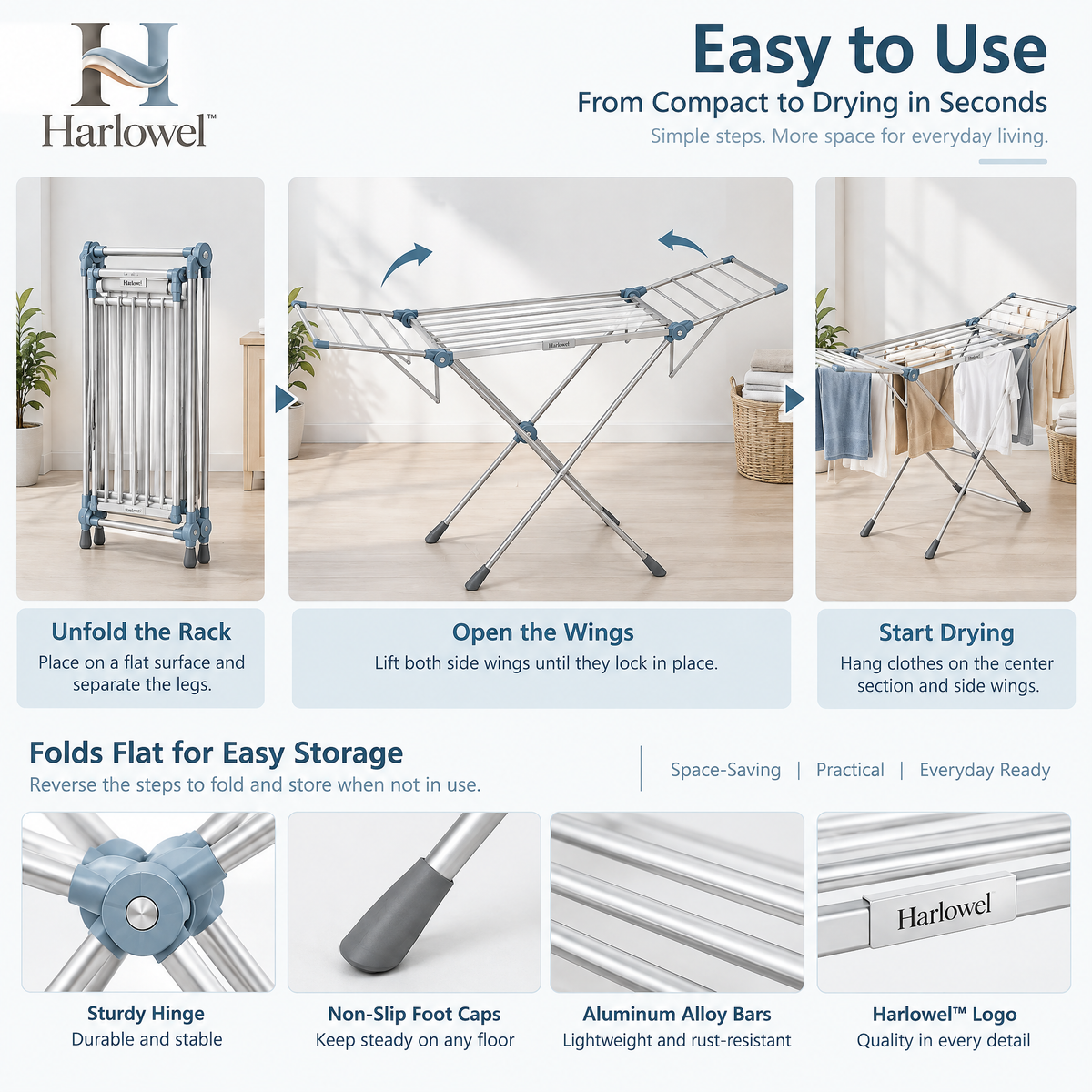 Harlowel™ AirSpan Folding Drying Rack – Expandable Indoor Clothes Airer for Garments, Towels & Everyday Laundry