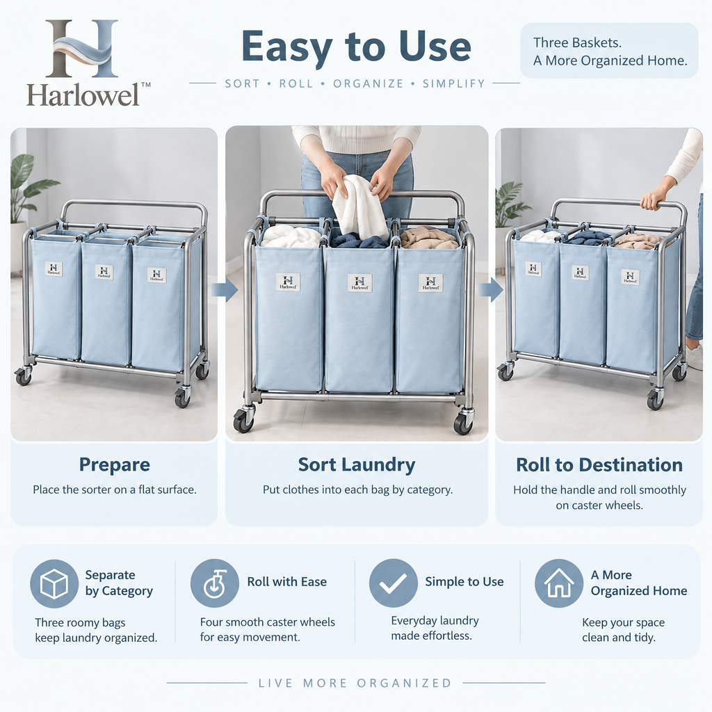 Harlowel™ RollSort Mobile Laundry Sorter – Multi-Bag Rolling Hamper Cart for Clothes, Towels & Household Laundry