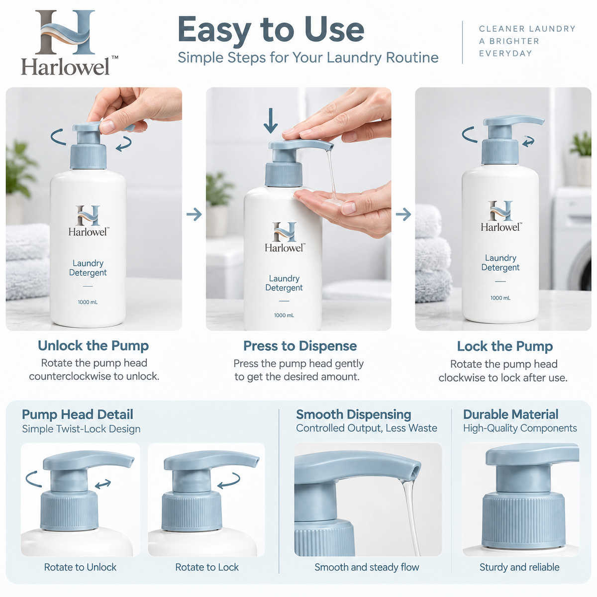 Harlowel™ PourKeep Laundry Dispenser Bottles – Refillable Storage Containers for Detergent, Fabric Softener & Laundry Essentials