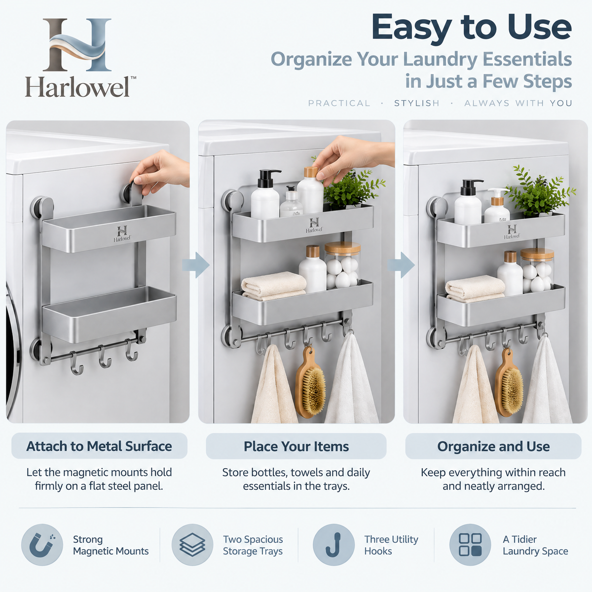 Harlowel™ SideSlide Slim Laundry Storage Rack – Narrow Rolling Organizer for Washer-Side Supplies, Detergent & Cleaning Essentials