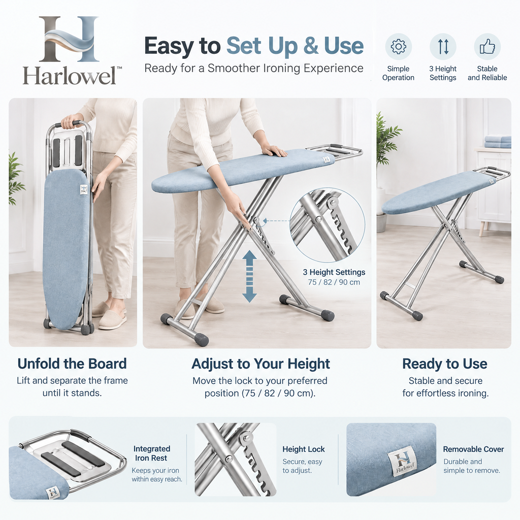 Harlowel™ PressFold Folding Ironing Board – Space-Saving Garment Pressing Station with Adjustable Height for Home & Laundry Room