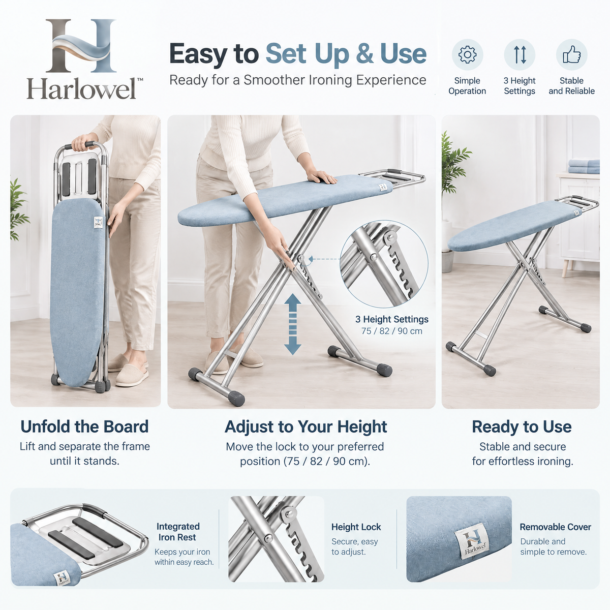 Harlowel™ PressFold Folding Ironing Board – Space-Saving Garment Pressing Station with Adjustable Height for Home & Laundry Room