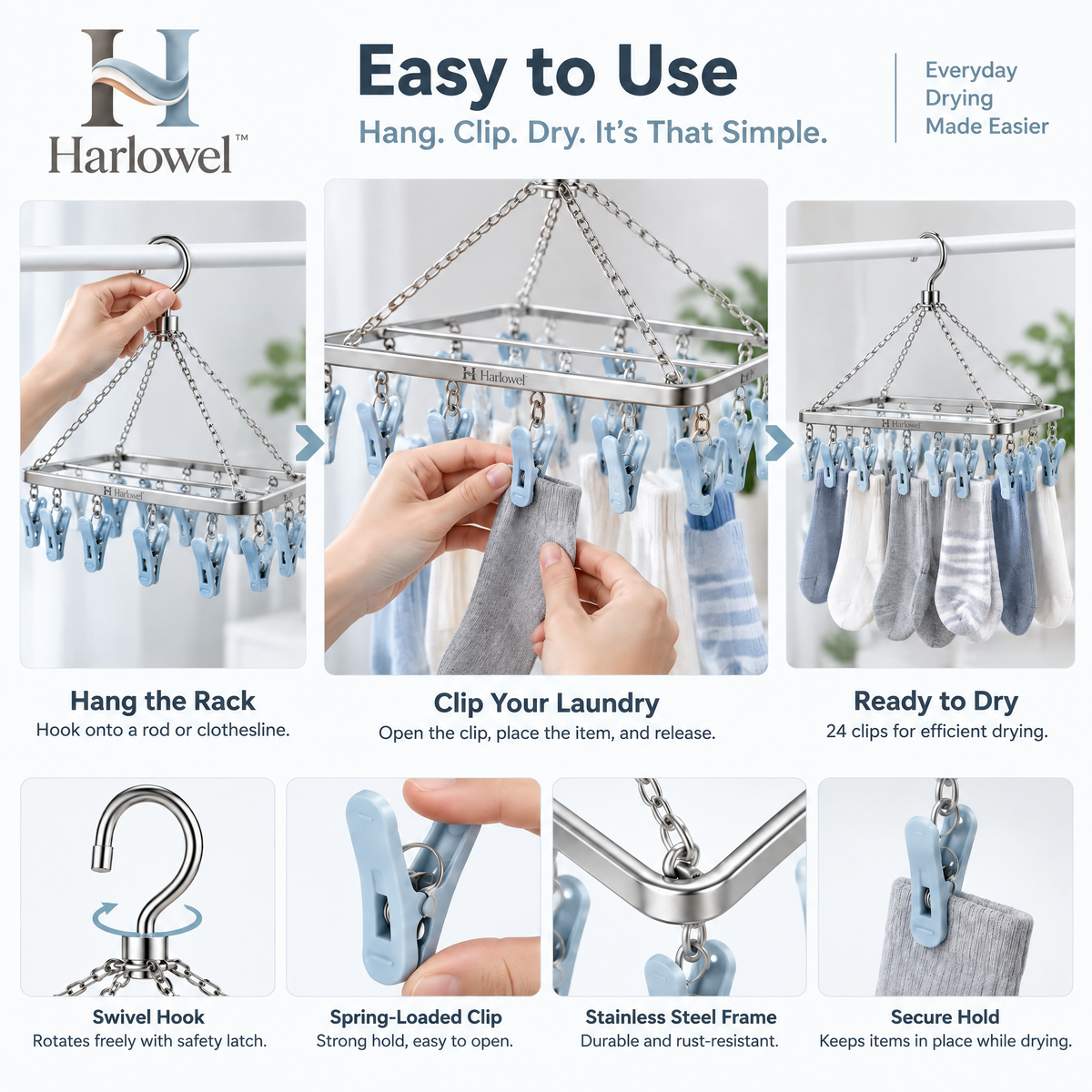 Harlowel™ ClipBloom Sock Drying Hanger – Multi-Clip Hanging Laundry Rack for Socks, Underwear & Small Garments
