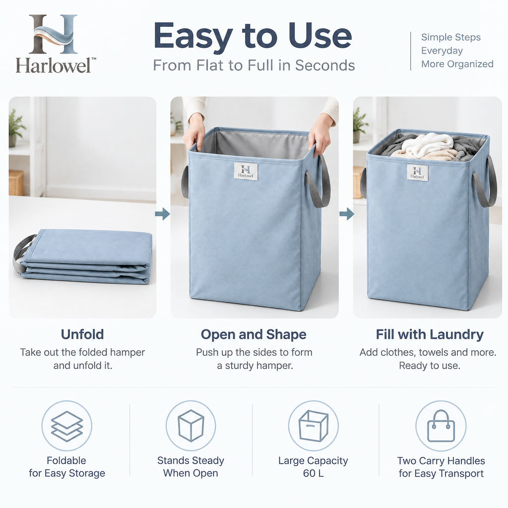 Harlowel™ FoldNest Collapsible Laundry Hamper – Space-Saving Clothes Basket with Carry Handles for Bedroom, Bathroom & Laundry Room