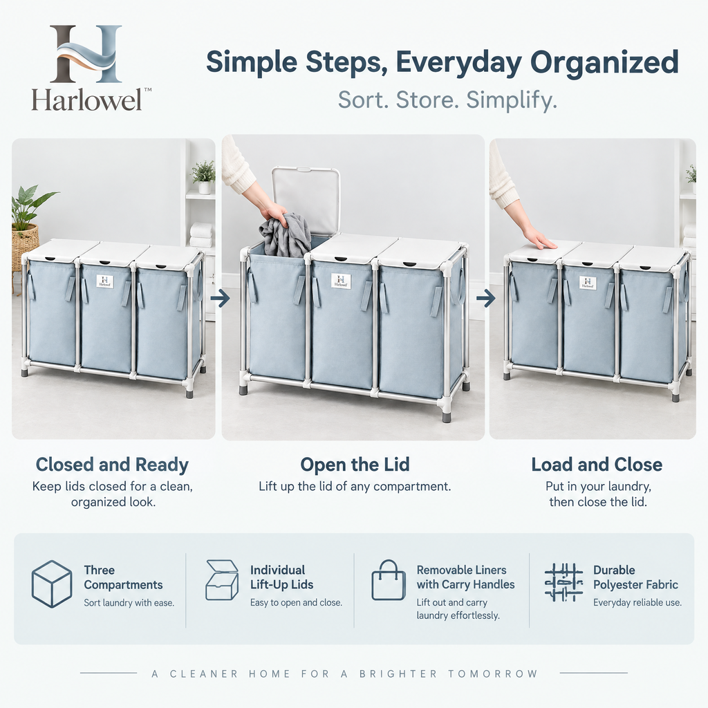 Harlowel™ SortEase 3-Section Laundry Hamper – Triple Compartment Clothes Sorter for Lights, Darks & Everyday Laundry