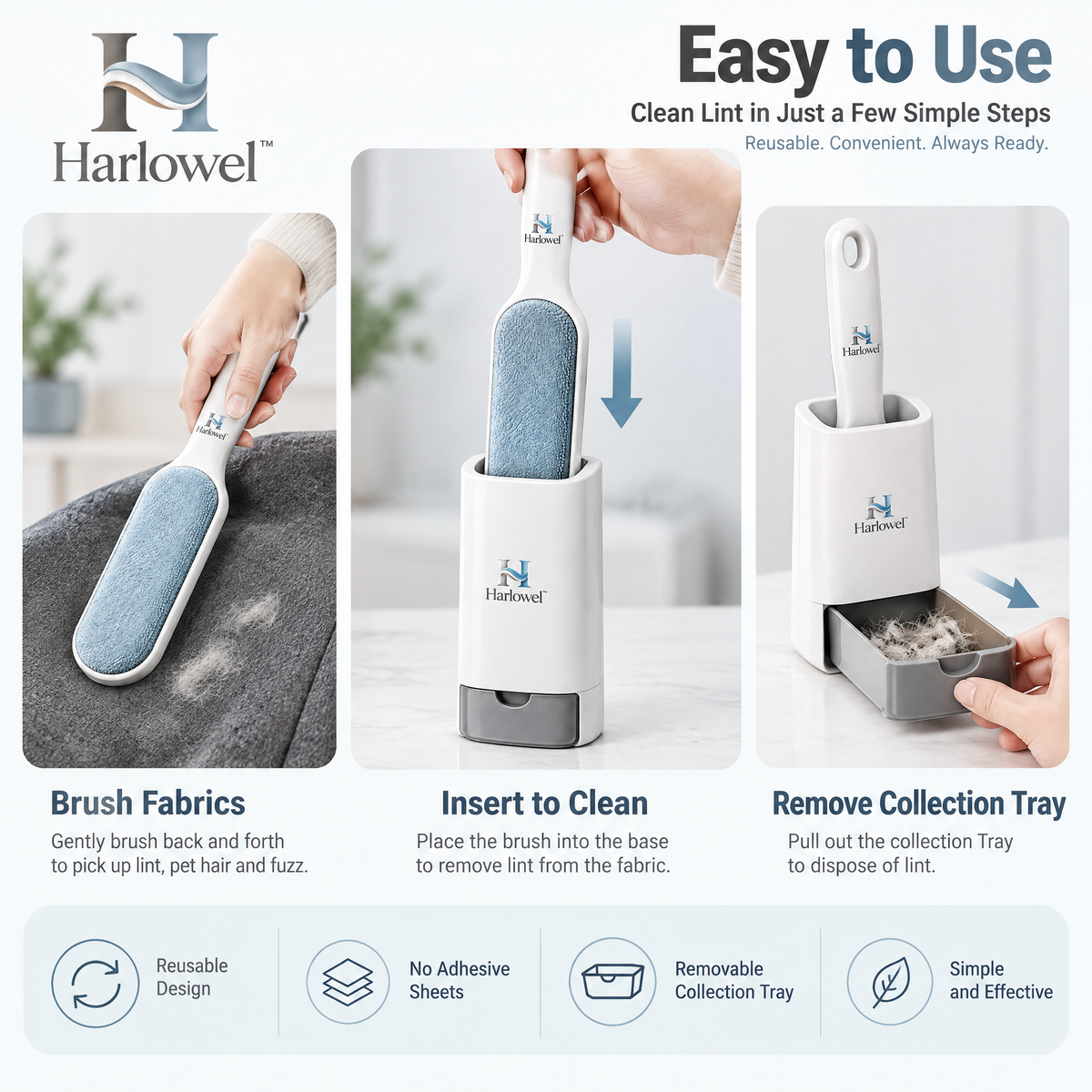Harlowel™ FiberSweep Garment Lint Brush – Reusable Clothes & Fabric Hair Remover for Coats, Pants, Upholstery & Everyday Care