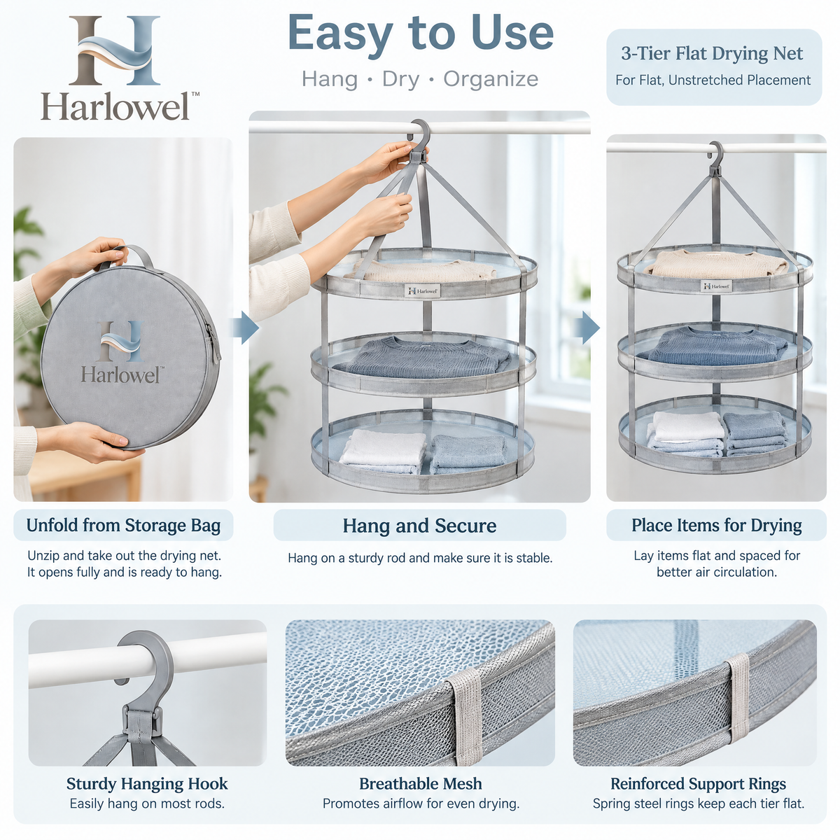 Harlowel™ ShapeLay Sweater Drying Mesh – Flat Garment Drying Rack for Sweaters, Knits & Delicate Clothing