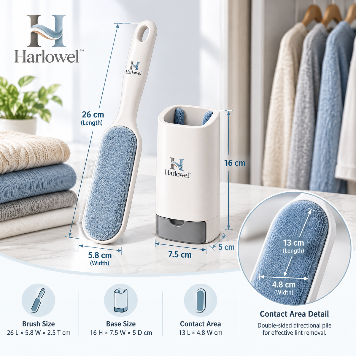 Harlowel™ FiberSweep Garment Lint Brush – Reusable Clothes & Fabric Hair Remover for Coats, Pants, Upholstery & Everyday Care